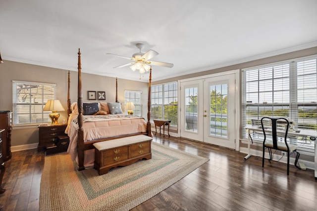 bedroom featuring crown molding, dark hardwood / wood-style flooring, access to outside, and ceiling fan