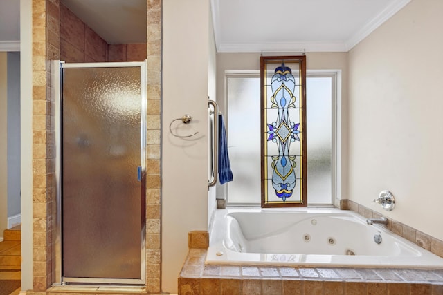 bathroom with independent shower and bath and ornamental molding