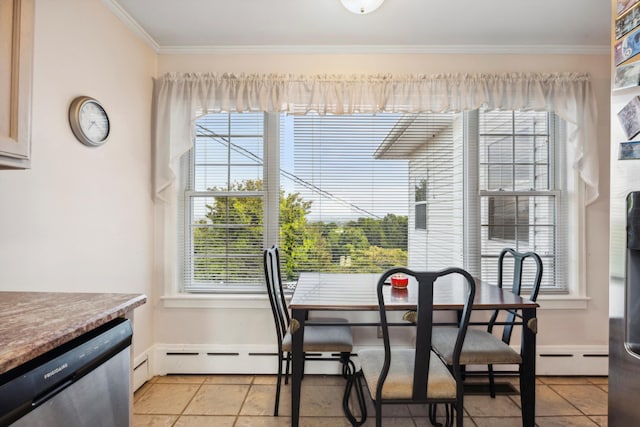 tiled dining area with a baseboard radiator and ornamental molding