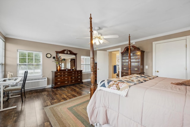 bedroom featuring multiple windows, ceiling fan, dark hardwood / wood-style floors, and crown molding