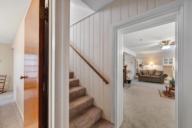 stairway featuring ceiling fan and carpet