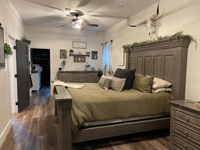 bedroom featuring ceiling fan and dark wood-type flooring