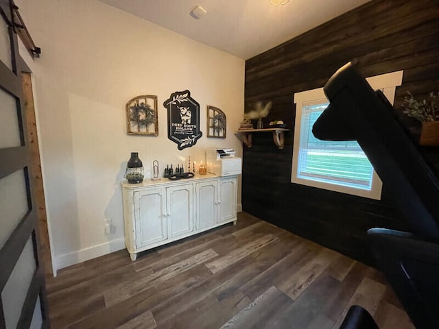 interior space with wood walls, dark hardwood / wood-style flooring, and white cabinetry