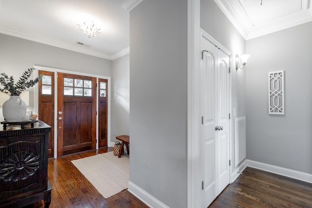 entrance foyer with crown molding and dark wood-type flooring