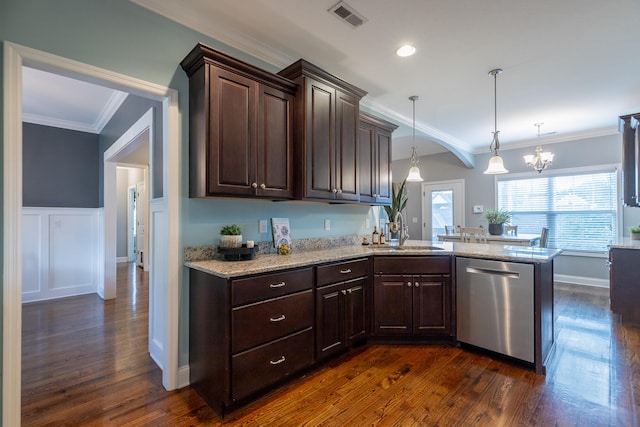 kitchen featuring dark brown cabinets, dishwasher, sink, and dark hardwood / wood-style flooring