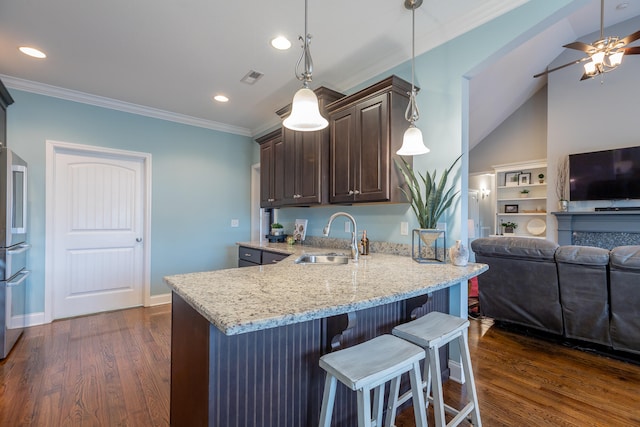 kitchen with dark hardwood / wood-style floors, light stone countertops, sink, ceiling fan, and dark brown cabinetry