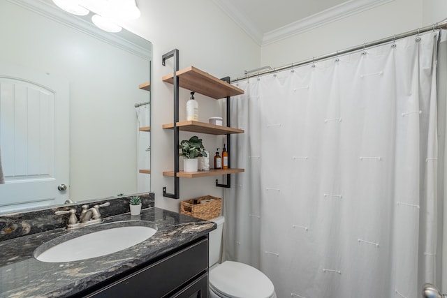 bathroom with vanity, toilet, ornamental molding, and a shower with shower curtain