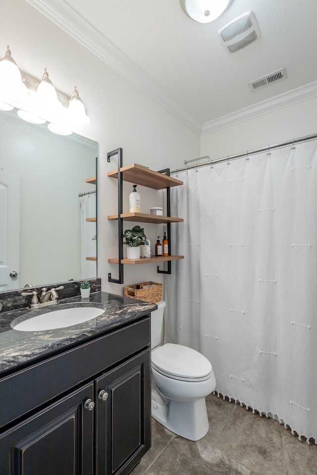 bathroom with vanity, curtained shower, toilet, ornamental molding, and tile patterned floors