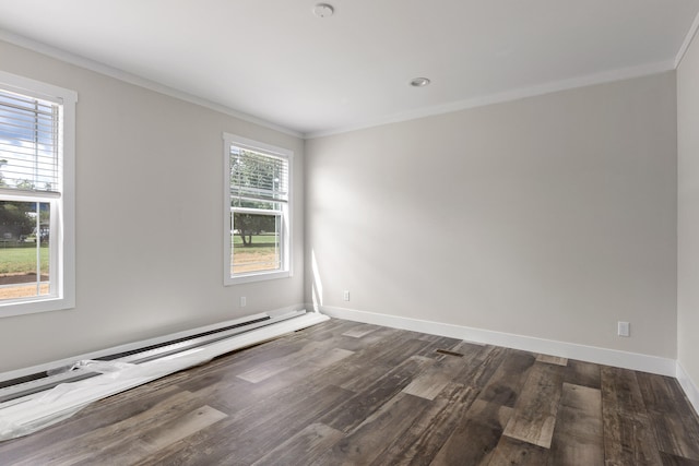 empty room with ornamental molding, dark wood-type flooring, and a wealth of natural light