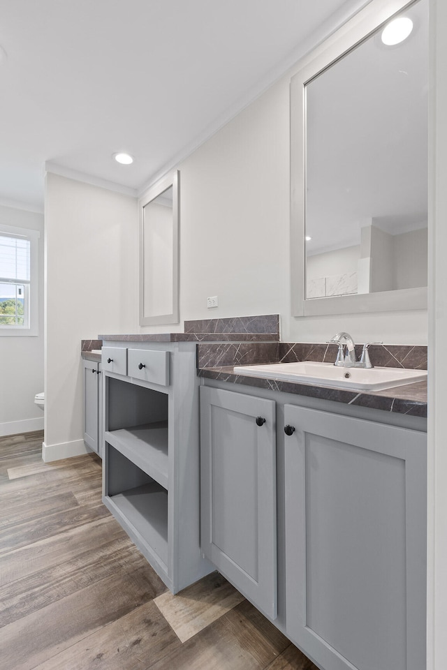 bathroom featuring ornamental molding, hardwood / wood-style flooring, vanity, and toilet