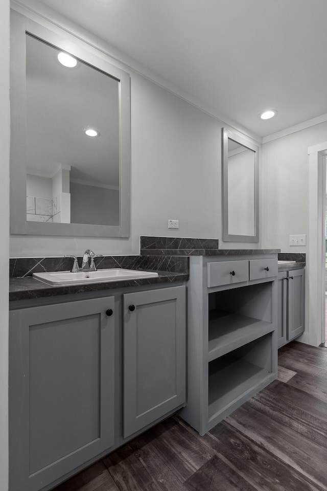 bathroom featuring vanity and wood-type flooring