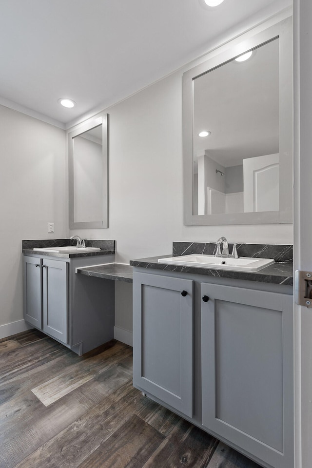 bathroom with wood-type flooring and vanity