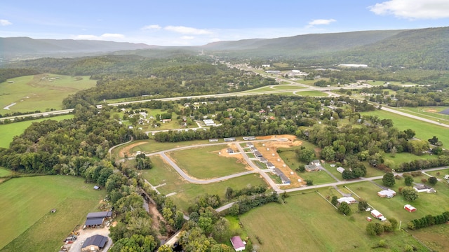 bird's eye view featuring a mountain view and a rural view