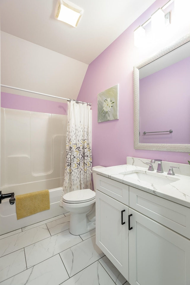 full bathroom with vanity, lofted ceiling, toilet, and shower / bath combination with curtain