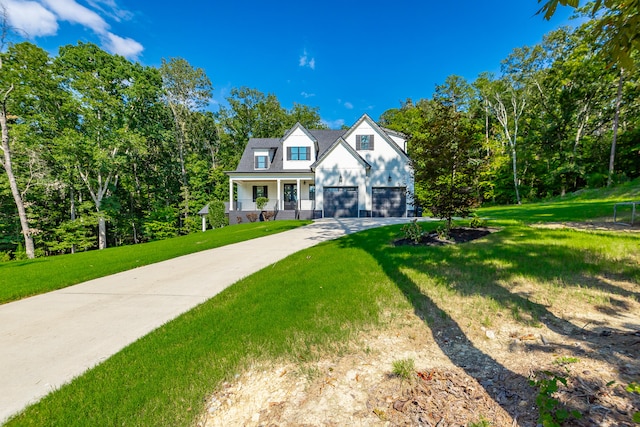 view of front of home with covered porch and a front lawn