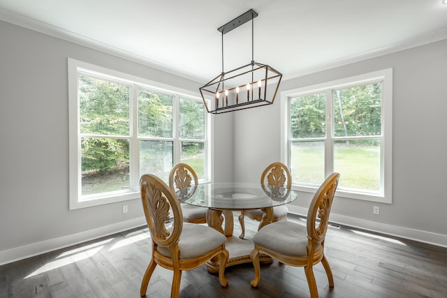 dining area featuring plenty of natural light, a notable chandelier, and dark hardwood / wood-style floors