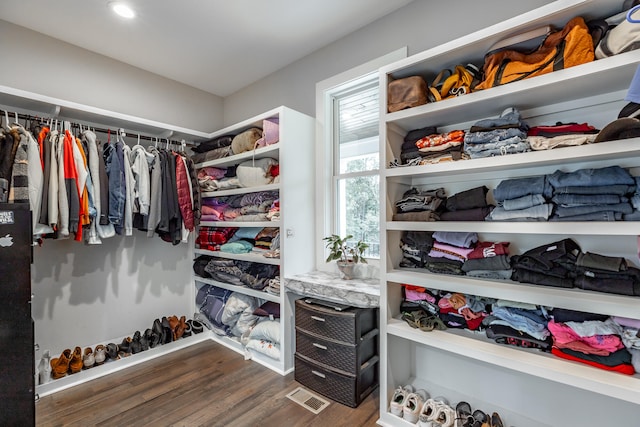 spacious closet with dark hardwood / wood-style flooring