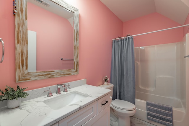 full bathroom with toilet, vanity, heating unit, lofted ceiling, and shower / tub combo with curtain