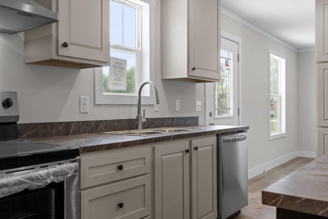 kitchen featuring range hood, sink, stainless steel appliances, ornamental molding, and white cabinetry