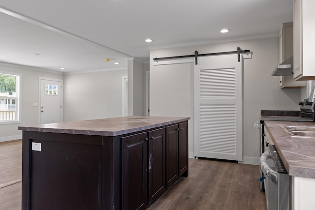 kitchen with a barn door, stainless steel dishwasher, dark hardwood / wood-style floors, ornamental molding, and a center island