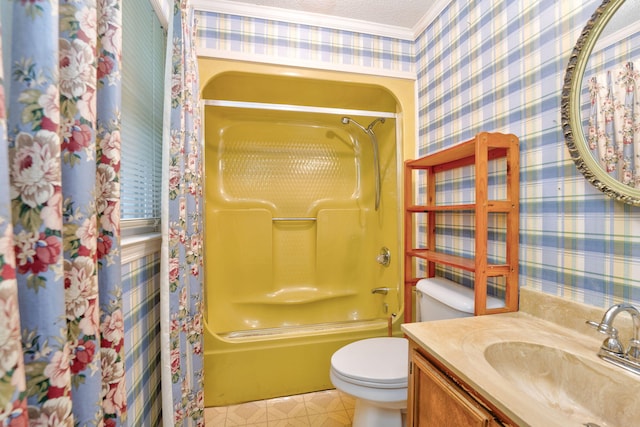 full bathroom with shower / bath combo, toilet, a textured ceiling, and vanity