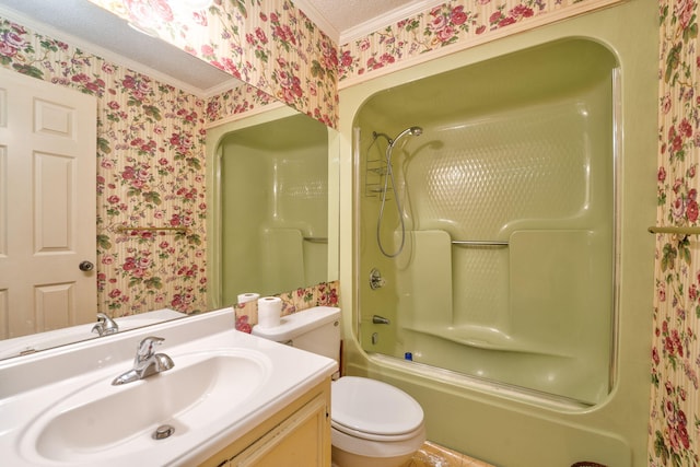 full bathroom with vanity, toilet, ornamental molding, and washtub / shower combination