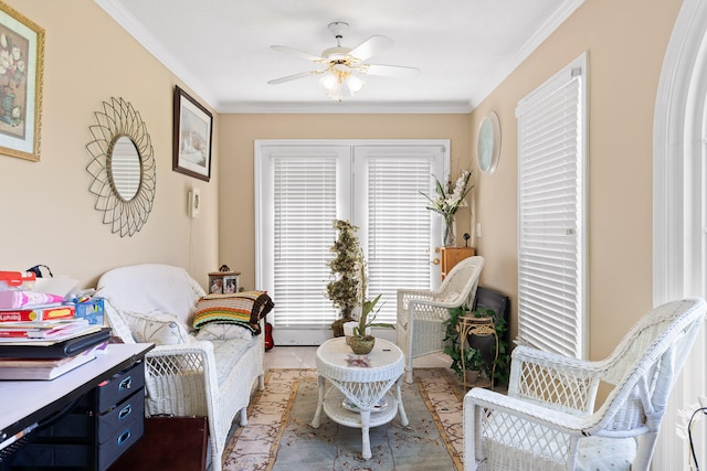 sitting room featuring ornamental molding, light tile patterned floors, and ceiling fan