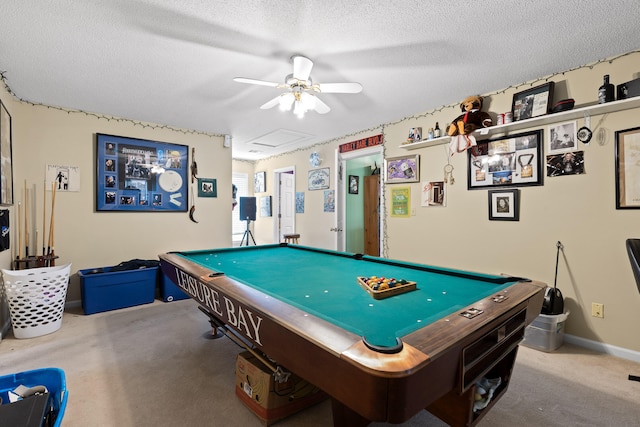 playroom featuring a textured ceiling, billiards, ceiling fan, and carpet flooring