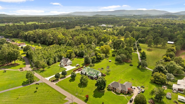 drone / aerial view featuring a mountain view and a rural view