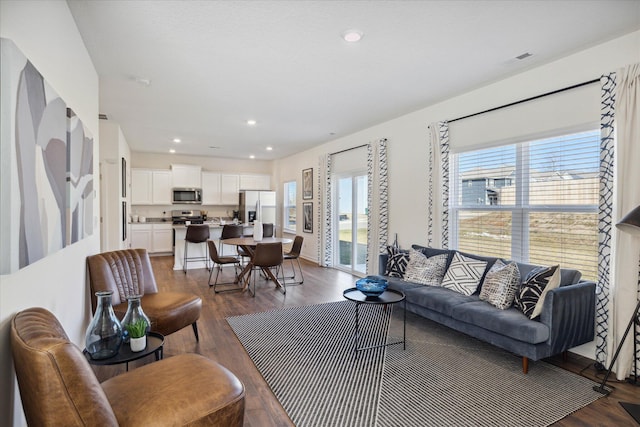 living room with plenty of natural light and dark hardwood / wood-style flooring