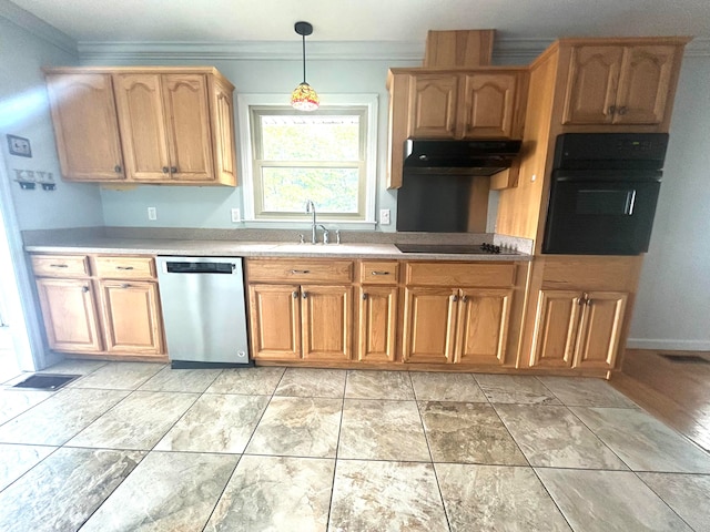 kitchen featuring ornamental molding, sink, hanging light fixtures, and black appliances