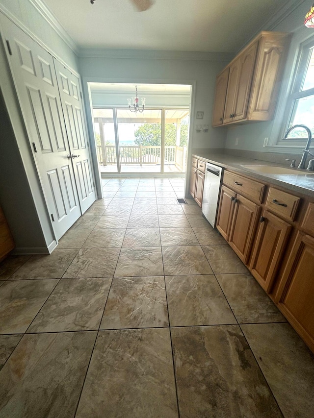 kitchen featuring an inviting chandelier, crown molding, dishwasher, and sink