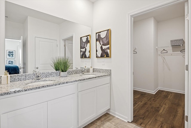 bathroom with vanity and wood-type flooring