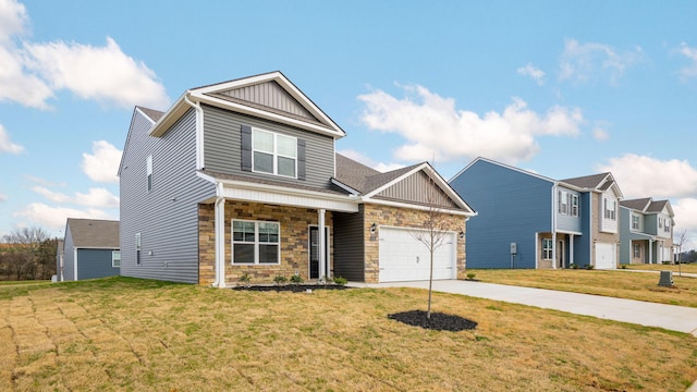 craftsman house featuring a front lawn, a garage, board and batten siding, and driveway