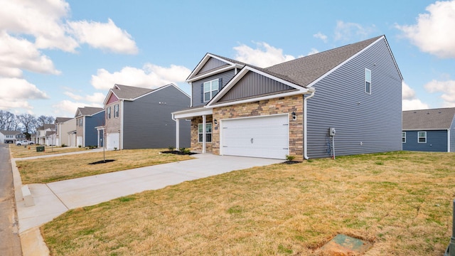 view of front of house with a front yard, stone siding, board and batten siding, and driveway