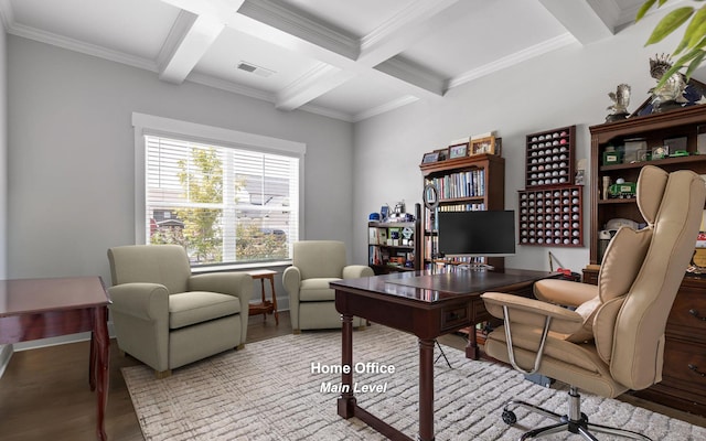 office featuring coffered ceiling, wood-type flooring, beamed ceiling, and ornamental molding