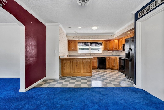 kitchen with black appliances, light colored carpet, tasteful backsplash, and crown molding