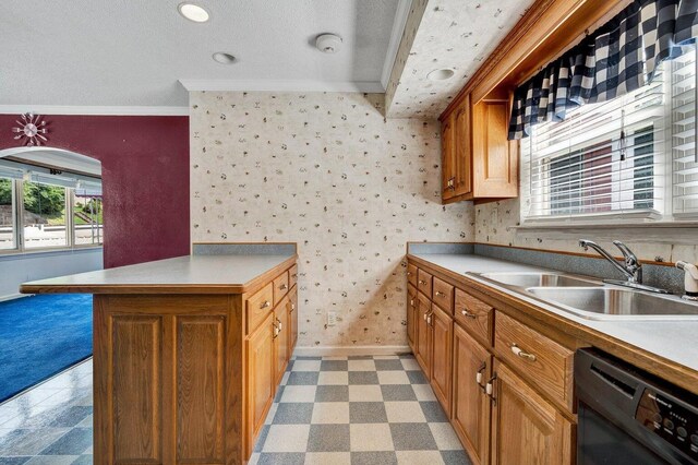 kitchen featuring a sink, baseboards, brown cabinets, and dishwasher