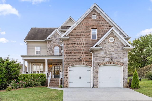 view of front of property featuring a garage, a front yard, and a porch