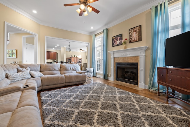 living room with hardwood / wood-style floors, ceiling fan, a tiled fireplace, and crown molding