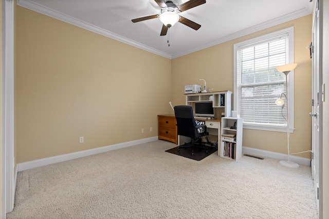 carpeted office space featuring crown molding and ceiling fan