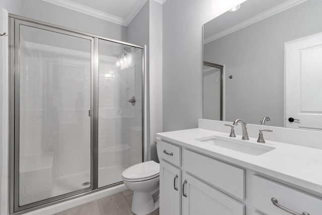 bathroom featuring an enclosed shower, tile patterned flooring, vanity, toilet, and crown molding