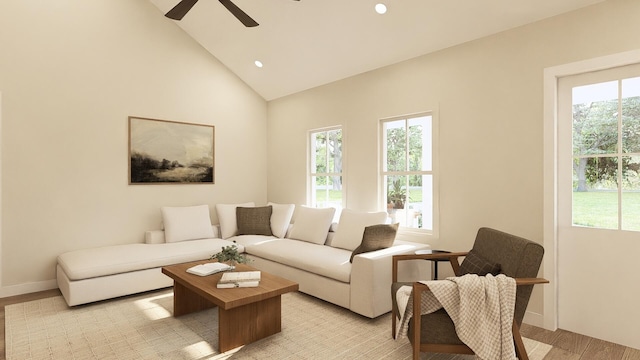 living room featuring ceiling fan, light wood-type flooring, and vaulted ceiling