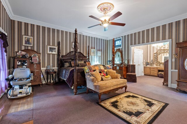 bedroom with ornamental molding, wallpapered walls, ceiling fan, and carpet