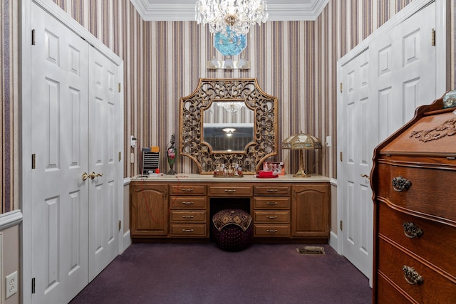 bathroom with crown molding, vanity, wallpapered walls, and a notable chandelier