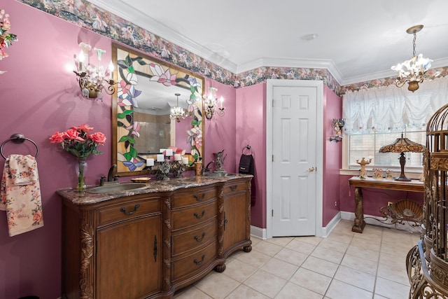bathroom featuring a chandelier, walk in shower, baseboards, tile patterned floors, and vanity
