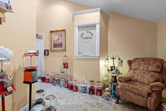 game room featuring vaulted ceiling and carpet flooring