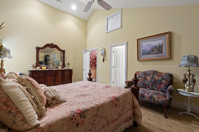 bedroom with baseboards, high vaulted ceiling, visible vents, and a ceiling fan