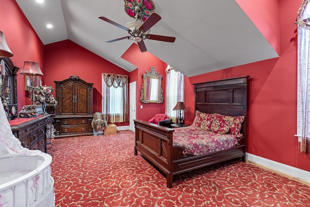 carpeted bedroom featuring baseboards, lofted ceiling, ceiling fan, and recessed lighting