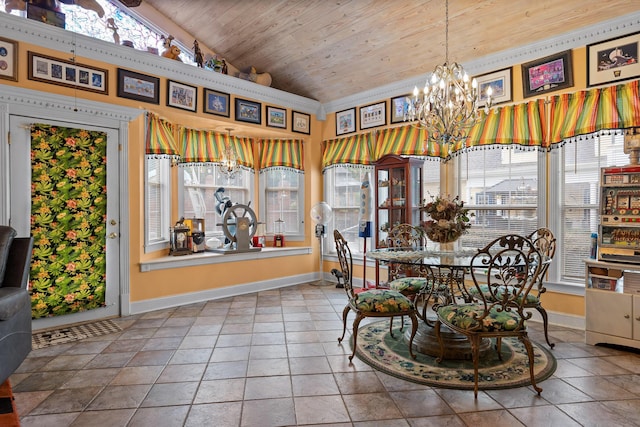 tiled dining room with wooden ceiling, a notable chandelier, baseboards, and lofted ceiling